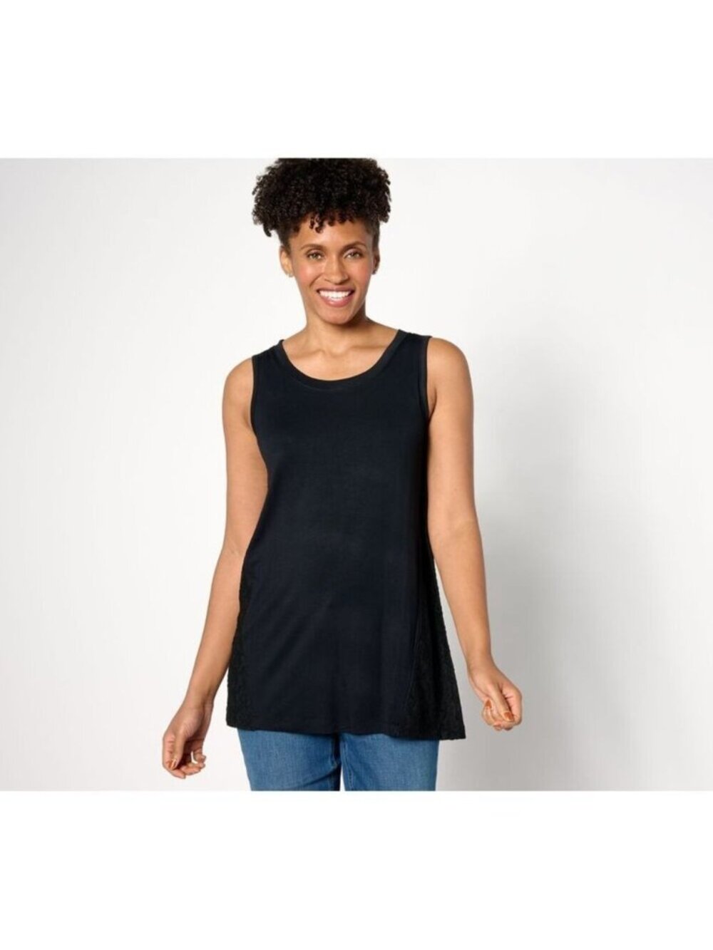LOGO Layers by Lori Goldstein Top Tank sz 1X Knit w/Lace Black A632678